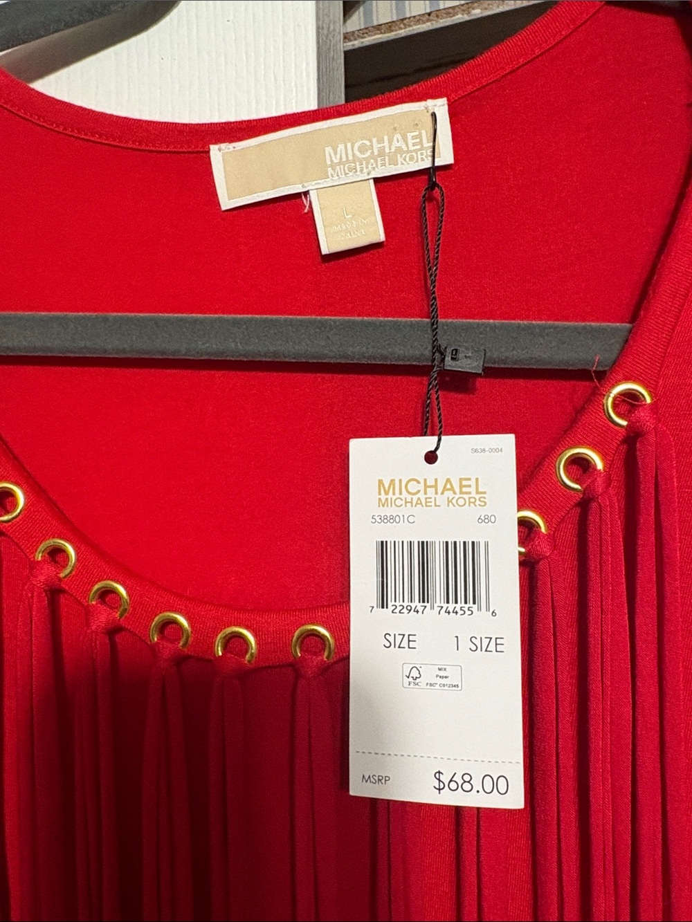 Michael Kors Red Fringe-Detail Long Sleeve Top - Picture 2 of 4